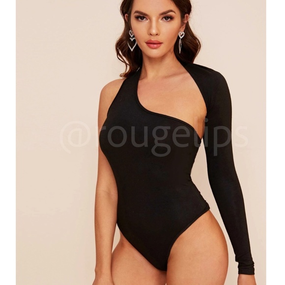 Rouge! Tops - Black Elegant One Long Sleeve Bodysuit Asymmetrical Neck